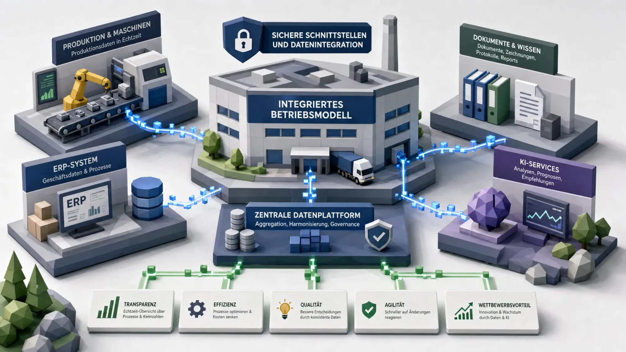 Ein mittelständisches Industrieunternehmen verbindet Produktionsdaten, ERP-Systeme, Dokumente und KI-Services über sichere Schnittstellen zu einem integrierten Betriebsmodell, dargestellt als kompakte Systemlandschaft mit verbundenen Modulen und klaren Datenpfaden.
