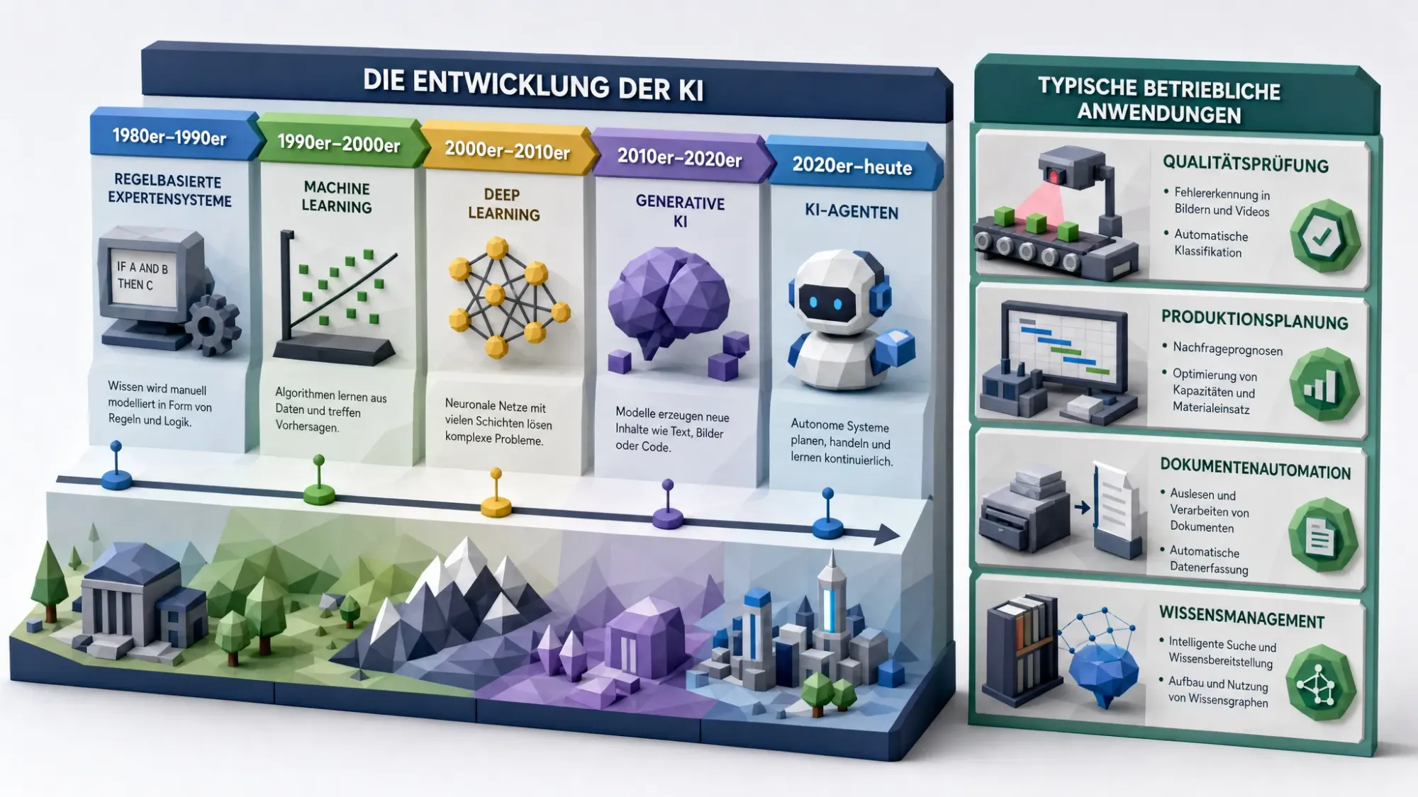 Eine Zeitleiste zeigt die Entwicklung der KI von regelbasierten Expertensystemen über Machine Learning und Deep Learning bis zu generativer KI und KI-Agenten. Daneben sind typische betriebliche Anwendungen wie Qualitätsprüfung, Produktionsplanung, Dokumentenautomation und Wissensmanagement angeordnet.