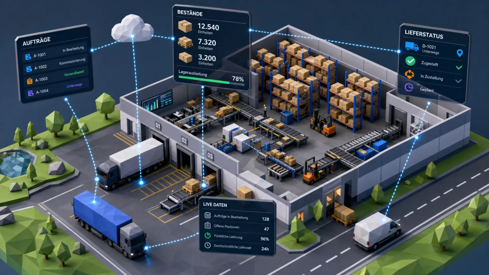 Ein vernetztes Logistikzentrum mit Lagerregalen, Fördertechnik, Transportfahrzeugen und digitalen Datenpunkten, die Aufträge, Bestände und Lieferstatus miteinander verbinden.