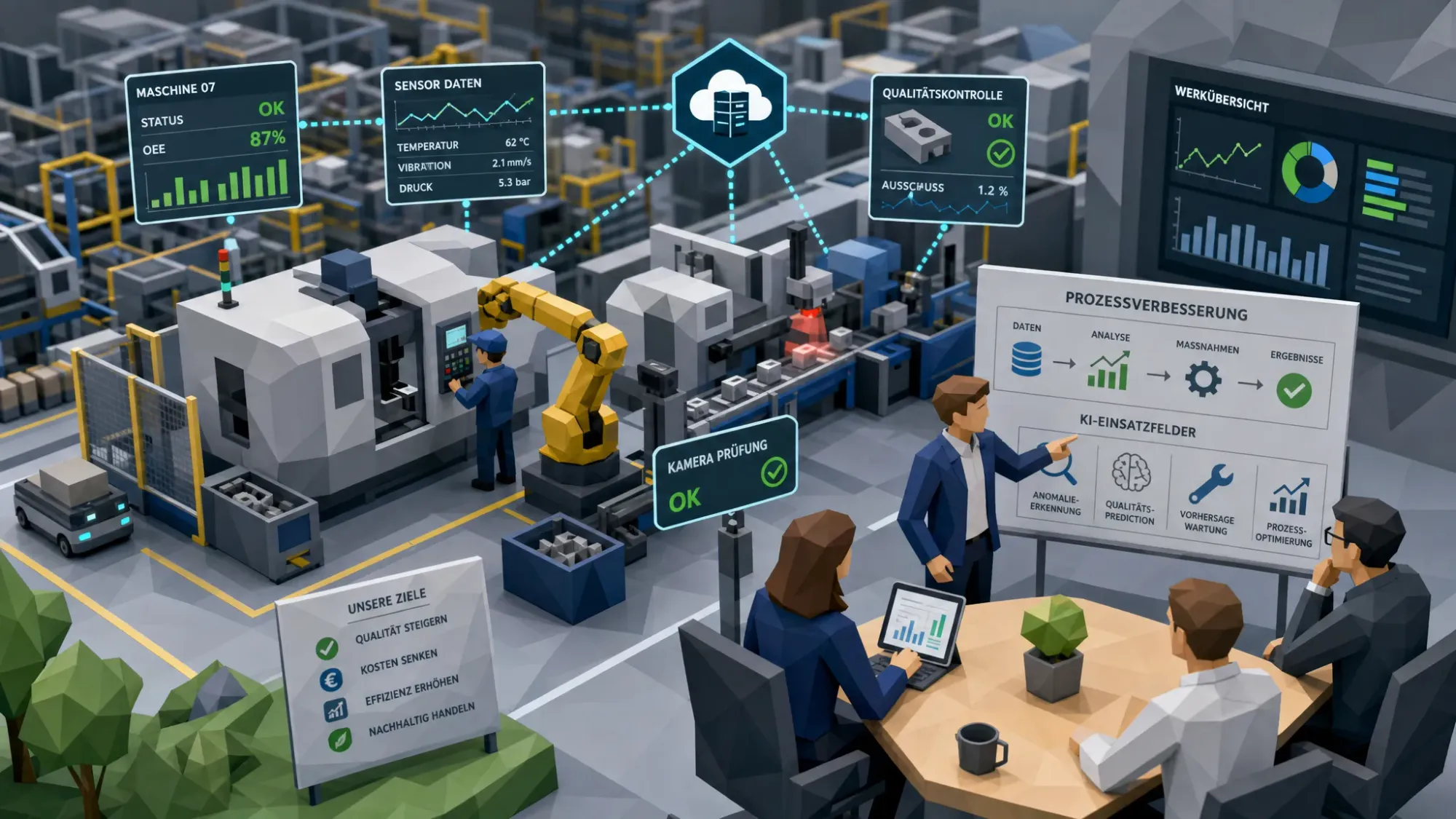 Eine moderne Industrieumgebung mit vernetzten Maschinen, Sensordaten, Qualitätskontrolle und einem kleinen Führungsteam, das Prozessverbesserungen und KI-Einsatzfelder bespricht.