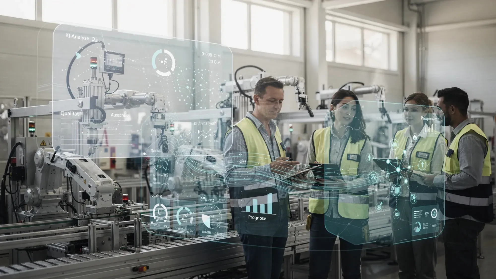 Eine moderne Produktionshalle mit Maschinen, Sensordaten und Mitarbeitenden, die Prozessinformationen auswerten. Im Vordergrund stehen Datenströme, Qualitätskennzahlen und ein KI-gestützter Analyseprozess als verständliche visuelle Ebenen.