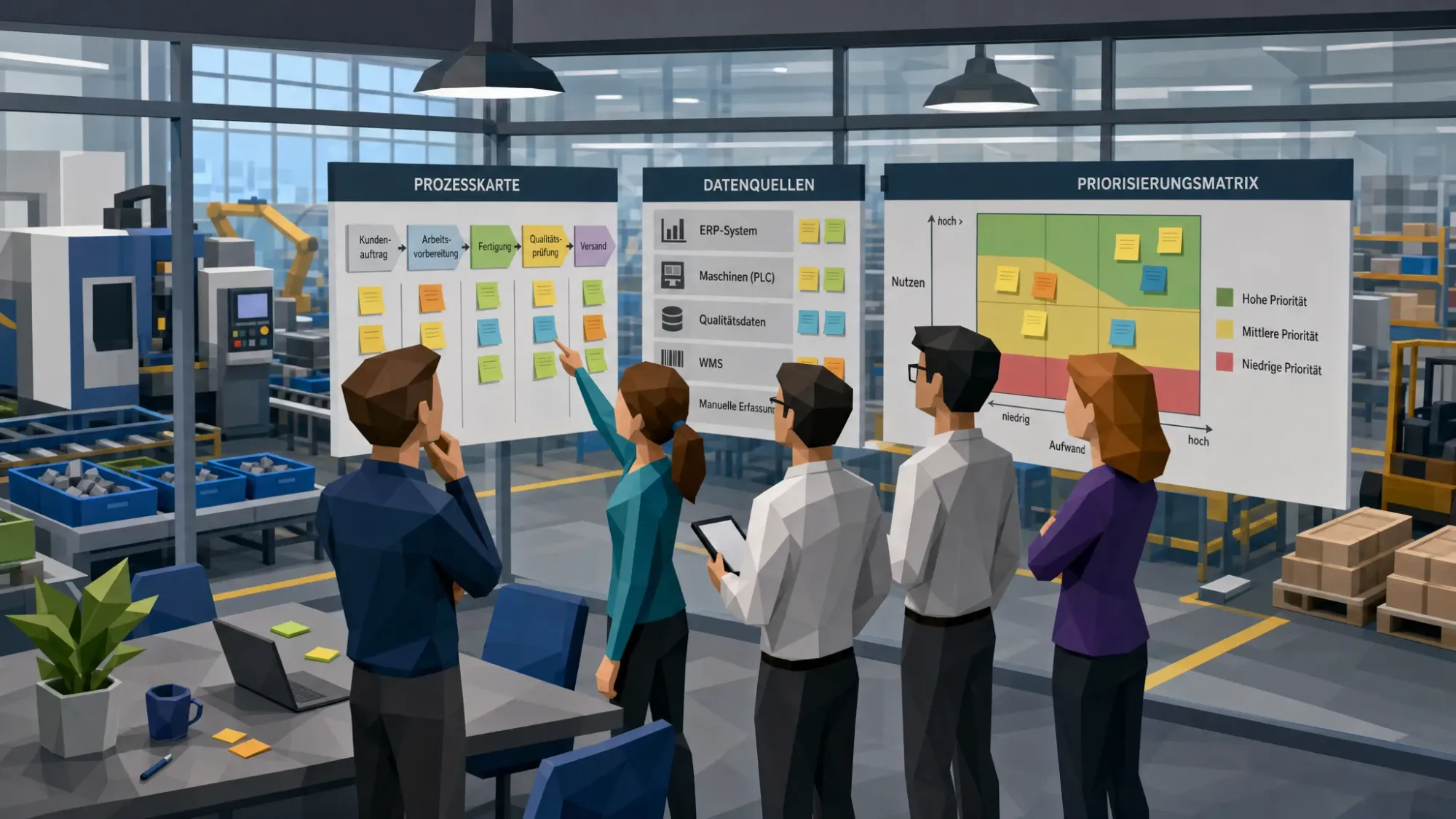 Ein Projektteam in einem Besprechungsraum der Fabrik steht an einer Glaswand mit Prozesskarten, Datenquellen und Priorisierungsmatrix, im Hintergrund sind Maschinen und Materialflüsse durch große Fenster erkennbar.