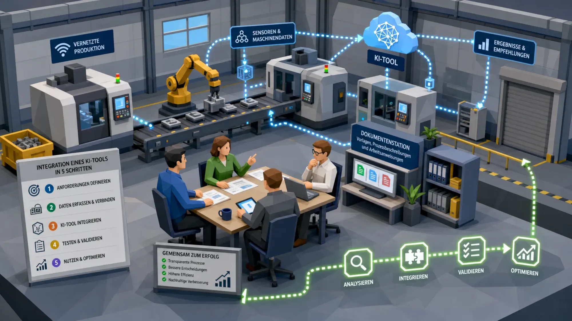 Eine moderne Industriehalle mit vernetzten Maschinen, markierten Datenflüssen, Dokumentenstationen und einem kleinen Team, das Prozessschritte für die Integration eines KI-Tools im Betrieb bespricht.