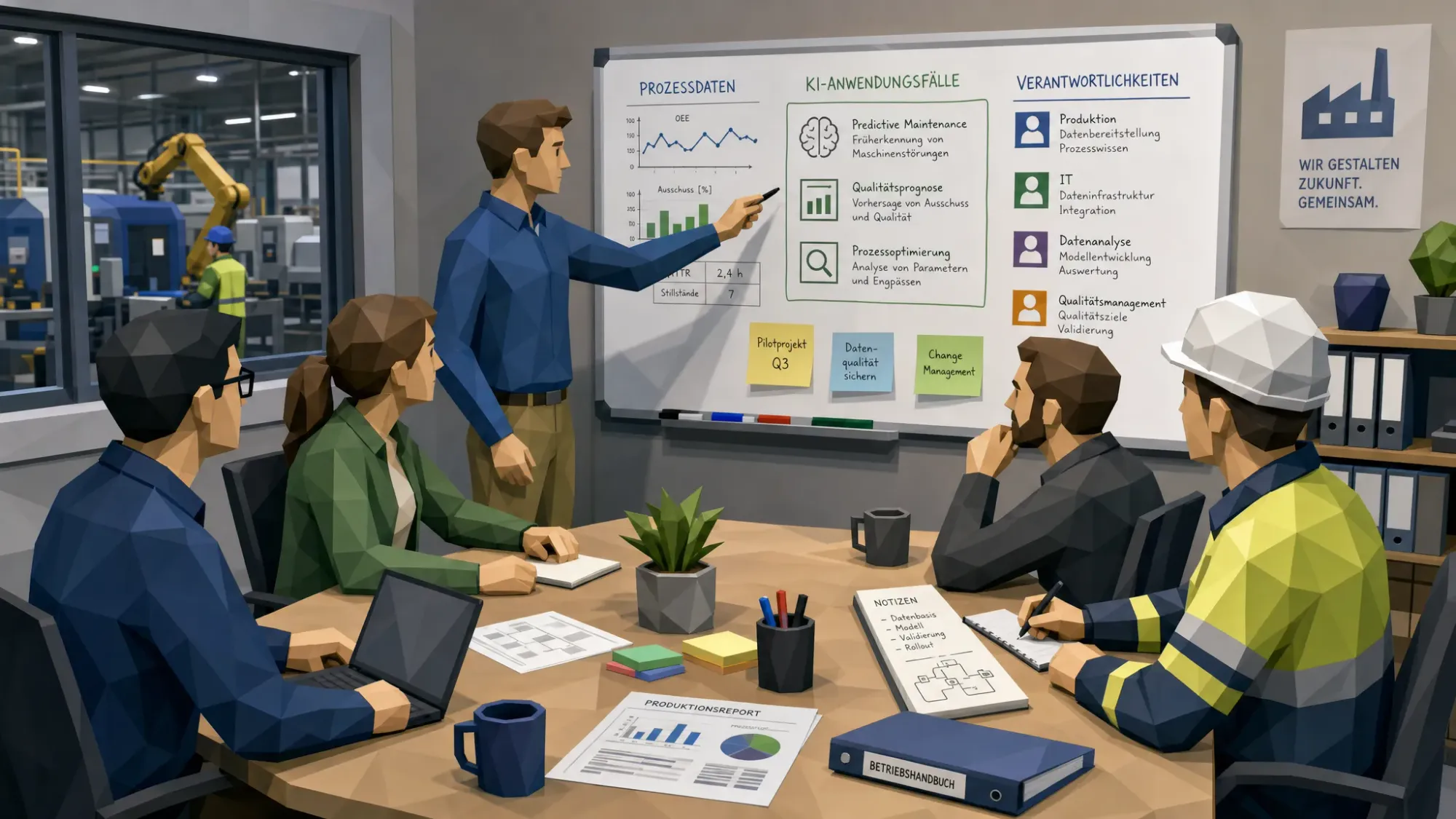 Ein interdisziplinäres Team in einem mittelständischen Industriebetrieb bespricht an einem Whiteboard Prozessdaten, KI-Anwendungsfälle und Verantwortlichkeiten. Auf dem Tisch liegen Produktionsunterlagen und Notizen, die Umgebung ist als Besprechungsraum mit Arbeitsmaterialien dargestellt.