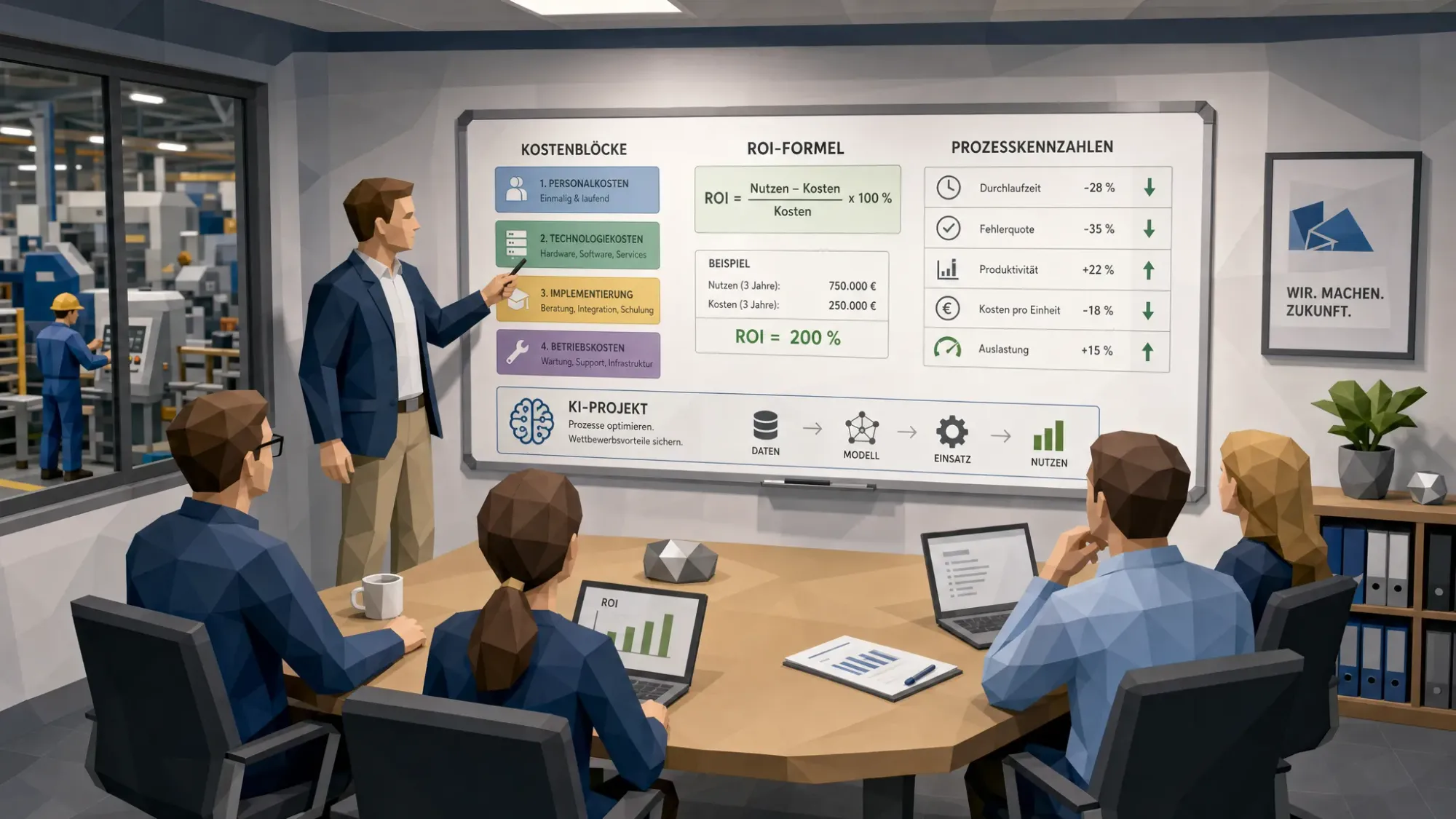 Ein Besprechungsraum in einem mittelständischen Industrieunternehmen mit Whiteboard, auf dem Kostenblöcke, ROI-Formel und Prozesskennzahlen für ein KI-Projekt übersichtlich dargestellt sind.