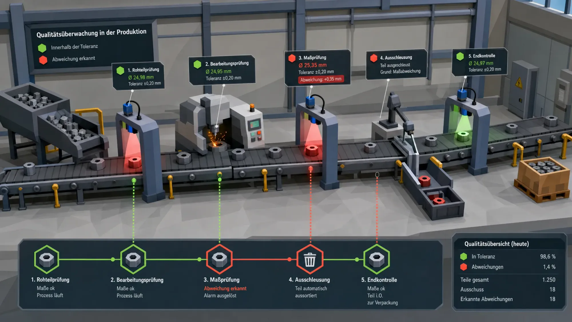 Eine industrielle Produktionslinie mit Sensoren, Prüfstationen und markierten Qualitätsdatenpunkten entlang des Prozesses, die zeigen, wie Abweichungen vor der Endkontrolle erkannt werden.
