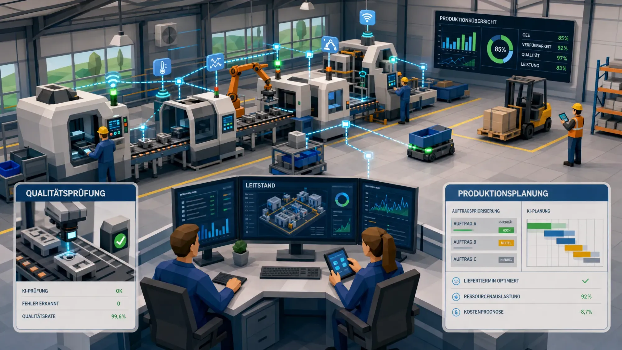 Eine moderne Produktionshalle mit vernetzten Maschinen, Sensoren und Mitarbeitenden, die Prozessdaten an einem zentralen Leitstand auswerten. Im Vordergrund sind Qualitätsprüfung und Produktionsplanung als typische industrielle KI-Anwendungen erkennbar.