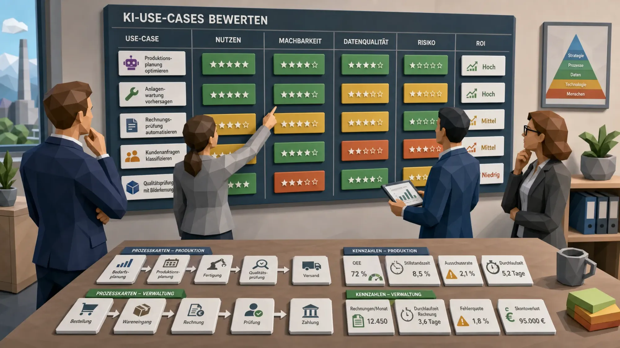 Eine Managementgruppe bewertet KI-Use-Cases an einer großen Wandtafel mit Spalten für Nutzen, Machbarkeit, Datenqualität, Risiko und ROI. Vor der Tafel liegen lose Prozesskarten und Kennzahlen aus Produktion und Verwaltung als einzelne Elemente.