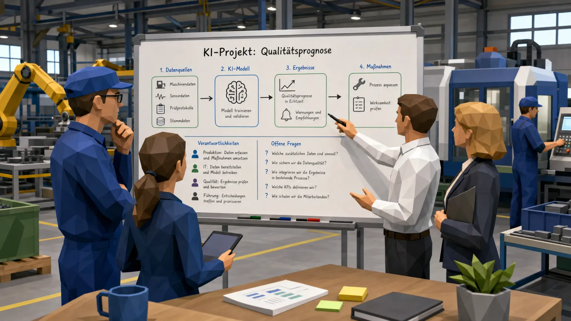 Ein Team aus Produktion, Verwaltung und Führung steht vor einem Whiteboard mit einer einfachen Prozessskizze für ein KI-Projekt in einer Werkhalle. Die Gruppe bespricht Datenquellen, Verantwortlichkeiten und offene Fragen, während Maschinen und Arbeitsbereiche im Hintergrund sichtbar sind.