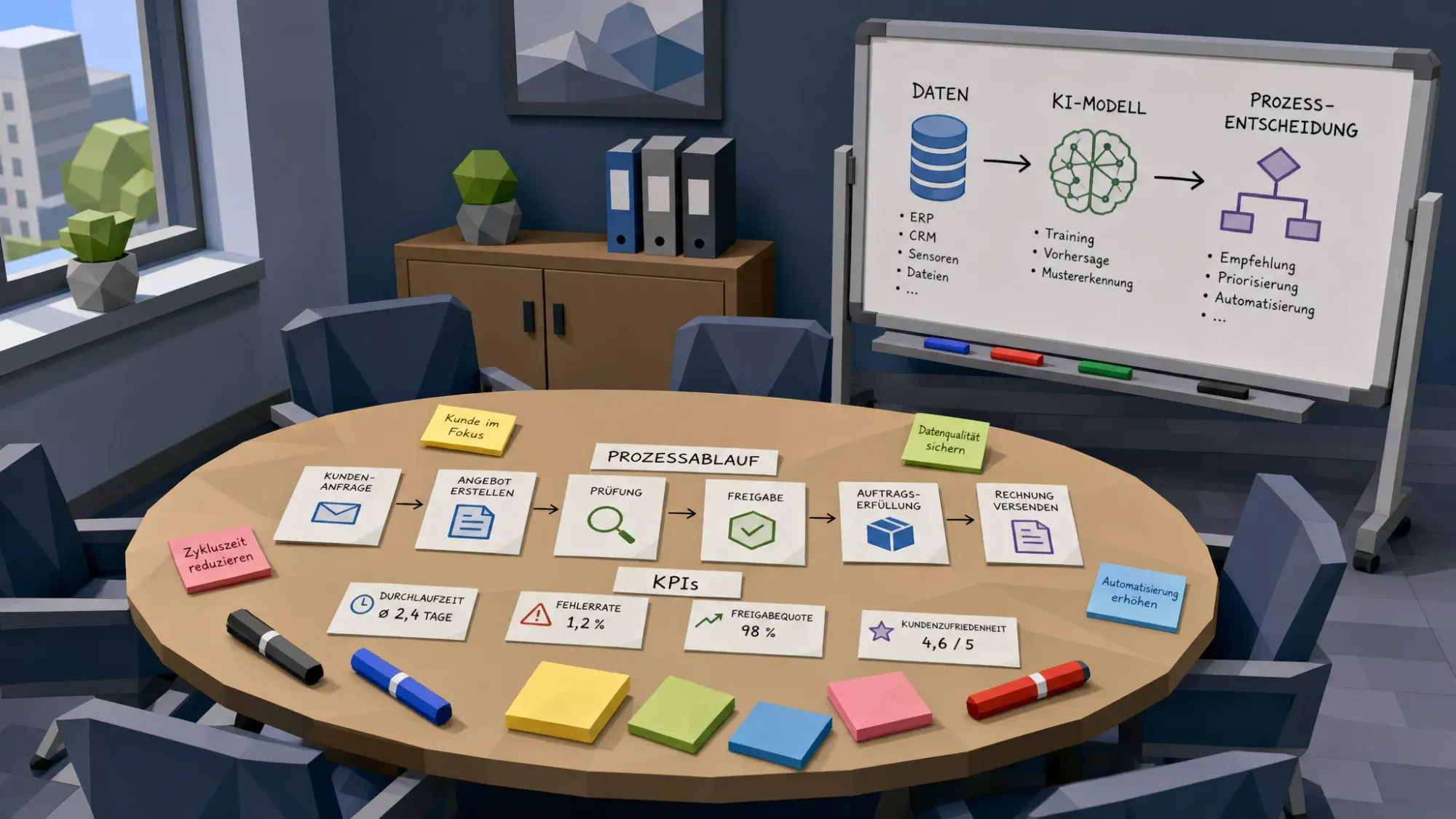 Ein runder Konferenztisch mit ausgedruckten Prozesskarten, KPI-Zetteln und Markierungen, daneben ein Whiteboard mit einer einfachen Skizze von Daten, KI-Modell und Prozessentscheidung.