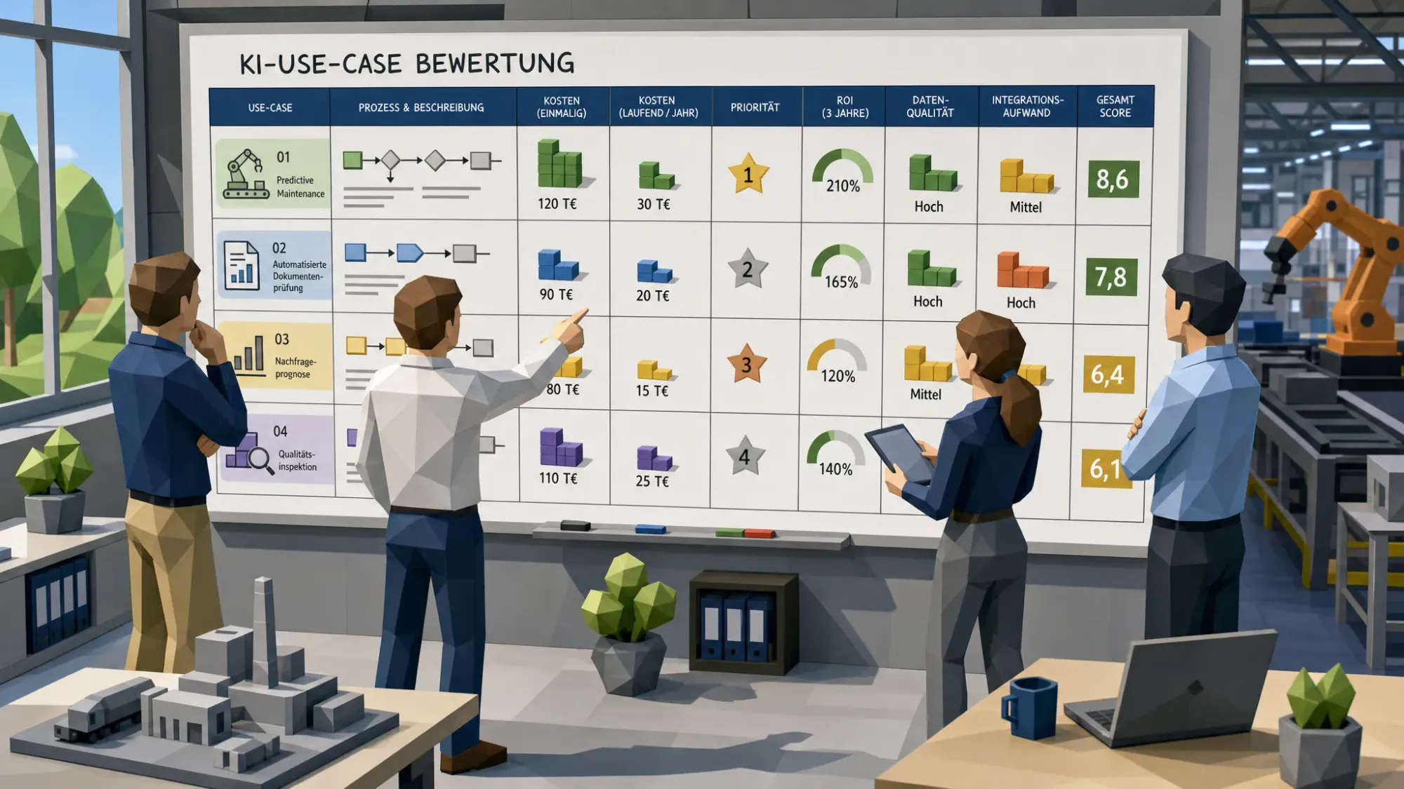 Ein mittelständisches Industrieunternehmen bewertet mehrere KI-Use-Cases an einem großen Whiteboard. Zu sehen sind Prozesskarten, Kostenblöcke, Prioritäten und Kennzahlen wie ROI, Datenqualität und Integrationsaufwand.